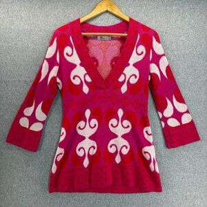 NEVE Womens Size‎ Small Cotton Knit Sweater V-Neck Red Pink White 3/4 Sleeve Mod